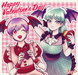 Rule 34 | 2girls, apron, ascot, demon girl, dress, frilled apron, frilled dress, frills, green hair, green nails, happy valentine, head wings, highres, holding, lilith aensland, morrigan aensland, multiple girls, one eye closed, open mouth, purple hair, red eyes, red nails, skm nnm, smile, valentine, vampire (game), white ascot, wings