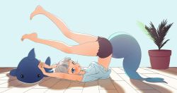 Rule 34 | 1girl, :o, absurdres, ahoge, barefoot, black shorts, blue eyes, blue hair, blue nails, blush, dolphin shorts, feet, fins, fish tail, flexible, from side, gawr gura, highres, hololive, hololive english, looking at viewer, lucasyecla99, lying, multicolored hair, nail polish, on back, open mouth, plant, potted plant, shark tail, shirt, shorts, solo, streaked hair, stretching, stuffed animal, stuffed shark, stuffed toy, tail, toenail polish, toenails, virtual youtuber, white hair, white shirt