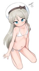 Rule 34 | 1girl, absurdres, bikini, blue eyes, collarbone, dated, flat chest, grey hair, hat, highres, javelin (kancolle), kantai collection, long hair, maru (marg0613), one-hour drawing challenge, sailor hat, side-tie bikini bottom, simple background, sitting, solo, swimsuit, twitter username, wariza, white background, white bikini, white hat