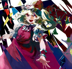 Rule 34 | 1girl, abstract, bad id, bad pixiv id, blonde hair, colorful, dress, flandre scarlet, hat, hat ribbon, meyan, mob cap, open mouth, puffy short sleeves, puffy sleeves, red dress, red eyes, ribbon, short hair, short sleeves, side ponytail, solo, touhou, white hat, wrist cuffs