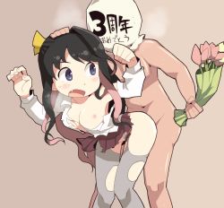 Rule 34 | 10s, 1boy, 1girl, :o, arched back, arms up, bent over, black hair, blue eyes, blush, bouquet, breath, clothed female nude male, clothed sex, clothing aside, dokan (dkn), fang, flower, grey pantyhose, hand on another&#039;s head, hetero, kantai collection, knees together feet apart, looking back, multicolored hair, naganami (kancolle), navel, nipples, nude, panties, panties aside, pantyhose, pink hair, sex, shirt, sin sack, skirt, standing, sweat, sweatdrop, text focus, thigh gap, torn clothes, torn legwear, torn shirt, torn skirt, translated, tulip, two-tone hair, underwear, white panties