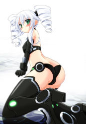 Rule 34 | 10s, 1girl, ass, bikini, black sister, blush, boots, butt crack, choujigen game neptune mk2, chouzetsu yarou, covered erect nipples, drill hair, embarrassed, female focus, flat chest, gloves, green eyes, kneeling, looking back, neptune (series), solo, swimsuit, thighhighs, twin drills, twintails, uni (neptunia), white background, white hair