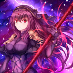 Rule 34 | 1girl, bodysuit, breasts, fate/grand order, fate (series), female focus, headdress, large breasts, long hair, polearm, purple hair, red eyes, scathach (fate), scathach (fate), soda (sodachuxd), solo, weapon