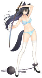 Rule 34 | 1girl, animal ears, ball and chain restraint, bare shoulders, black footwear, black hair, blue bra, blue panties, bow, bow bra, bow panties, bra, breasts, chain, closed mouth, collarbone, commentary request, fingernails, full body, grey eyes, high heels, highres, holding, holding sword, holding weapon, katana, long hair, looking at viewer, medium breasts, navel, original, panties, simple background, solo, standing, stomach, sword, tail, thighhighs, tony taka, underwear, underwear only, weapon, white background, white thighhighs