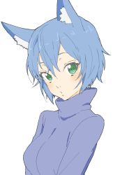 Rule 34 | 1girl, absurdres, animal ears, bad id, bad twitter id, blue hair, blue sweater, breasts, closed mouth, copyright request, donguri suzume, green eyes, highres, large breasts, long sleeves, looking at viewer, short hair, simple background, solo, sweater, white background