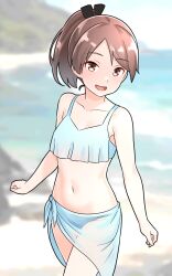 Rule 34 | 1girl, bikini, blue bikini, blue sarong, blurry, blurry background, blush, brown eyes, brown hair, collarbone, commentary request, furaggu (frag 0416), highres, kantai collection, long hair, looking at viewer, navel, ocean, outdoors, ponytail, sarong, shikinami (kancolle), solo, standing, swimsuit
