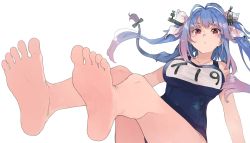 Rule 34 | 1girl, barefoot, blue hair, breasts, feet, foot focus, foreshortening, hair between eyes, highres, i-19 (kancolle), kantai collection, large breasts, legs up, long hair, looking at viewer, multicolored hair, name tag, one-piece swimsuit, pov, red eyes, school swimsuit, simple background, soles, solo, star-shaped pupils, star (symbol), swimsuit, symbol-shaped pupils, thighs, toes, twintails, two-tone hair, wataro (watawatawatapon), white background