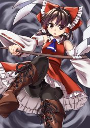 Rule 34 | 1girl, ascot, black pantyhose, boots, bow, brown eyes, brown footwear, brown hair, cross-laced footwear, detached sleeves, gohei, hair bow, hair tubes, hakurei reimu, highres, lace-up boots, looking at viewer, nobori ranzu, pantyhose, red bow, red skirt, ribbon-trimmed sleeves, ribbon trim, shide, skirt, skirt set, solo, thighband pantyhose, touhou, vest