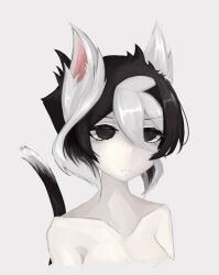 Rule 34 | 1girl, animal ears, bare shoulders, black eyes, black hair, cat ears, cat tail, collarbone, cropped torso, female focus, grey background, hair between eyes, kemonomimi mode, kou dayo, made in abyss, multicolored hair, ozen, pale skin, simple background, solo, tail, white hair