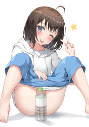 Rule 34 | 1girl, absurdres, ahoge, ass, barefoot, blue eyes, blue shorts, blush, bottle, brown hair, closed eyes, clothes pull, highres, hood, hoodie, looking at viewer, nedia (nedia region), one eye closed, original, pants, pants pull, pussy, short hair, shorts, sitting, solo, star (symbol), tongue, tongue out, v, white background, white hoodie