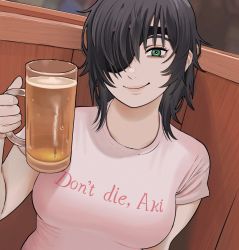 Rule 34 | 1girl, alcohol, arm at side, beer, black hair, blurry, blurry background, breasts, chainsaw man, clothes writing, cup, dutch angle, eyepatch, giganticbuddha, green eyes, hair over one eye, highres, himeno (chainsaw man), holding, holding cup, indoors, looking at viewer, medium breasts, messy hair, outline, pink lips, pink shirt, shirt, sidelocks, smile, solo, t-shirt, upper body