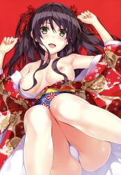 Rule 34 | 1girl, :d, absurdres, armpits, arms up, bare shoulders, blush, breasts, breasts apart, breasts out, brown hair, cameltoe, collarbone, fang, green eyes, hair over breasts, hair ribbon, highres, japanese clothes, kimono, legs up, looking at viewer, lying, medium breasts, misaki kurehito, nipples, obi, off shoulder, on back, open mouth, panties, ribbon, sash, scan, smile, solo, two side up, underwear, white panties