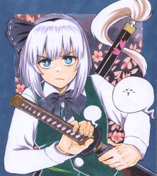 Rule 34 | 1girl, absurdres, black bow, black bowtie, black hairband, blue border, blue eyes, border, bow, bowtie, bright pupils, closed mouth, commentary request, ghost, grey hair, hairband, highres, holding, holding sword, holding weapon, katana, konpaku youmu, konpaku youmu (ghost), long sleeves, looking at viewer, matsuri kyuuta, short hair, solo, sword, sword behind back, touhou, upper body, v-shaped eyebrows, weapon, white pupils