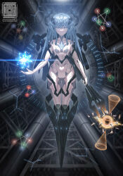 Rule 34 | 1girl, android, black hole, blue eyes, blue hair, full body, glaze artifacts, glowing, halo, highres, holding, holding staff, looking at viewer, mechanical hair, mechanical halo, navel, original, qr code, quark (particle), science fiction, solo, staff, straight-on, strap gap, tom-neko (zamudo akiyuki)