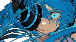 Rule 34 | 1girl, aqua nails, blue eyes, blue hair, blue nails, cable, close-up, crazy eyes, eyelashes, floating hair, frills, hand up, hatsune miku, headphones, long hair, looking at viewer, one eye covered, parted lips, portrait, simple background, sleeveless, smirk, solo, unrefle, vocaloid, white background, wide-eyed