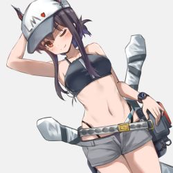 Rule 34 | 1girl, ;), absurdres, arknights, arm up, armpits, bad id, bad pixiv id, bare arms, bare shoulders, baseball cap, belt, bikini, black bikini, black hair, blush, breasts, ch&#039;en (arknights), ch'en (arknights), commentary request, cowboy shot, dragon horns, dutch angle, female tourist c (arknights), grey background, grey shorts, hat, highleg, highleg bikini, highres, horns, horns through headwear, koi0806, long hair, looking at viewer, medium breasts, navel, official alternate costume, one eye closed, partial commentary, pouch, red eyes, short shorts, shorts, sidelocks, simple background, smile, solo, standing, stomach, swimsuit, watch, wristwatch