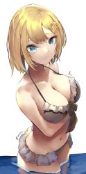Rule 34 | 1girl, absurdres, areoru, arm under breasts, bad id, bad pixiv id, bikini, blonde hair, blue eyes, breasts, cleavage, collarbone, frilled bikini, frills, grey bikini, hair ornament, halterneck, highres, hololive, hololive english, large breasts, navel, solo, swimsuit, virtual youtuber, wading, water, watson amelia
