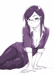 Rule 34 | 10s, 1girl, :&lt;, breasts, classroom crisis, cleavage, collarbone, cropped legs, crotch seam, downblouse, formal, glasses, hair ornament, hairclip, hattori hanako, long hair, looking afar, monochrome, panties, panties under pantyhose, pantyhose, pantyhose on head, pencil skirt, simple background, skirt, skirt suit, solo, suit, ueyama michirou, underwear, white background