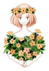 Rule 34 | 1girl, bare shoulders, black-eyed susan, black flower, closed mouth, commentary, english commentary, flower, hair flower, hair ornament, head wreath, heikala, holding, holding flower, looking at viewer, orange flower, original, own hands together, painting (medium), pale skin, short hair, smile, solo, swept bangs, traditional media, watercolor (medium)