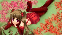 Rule 34 | 1girl, blush, brown hair, elbow gloves, female focus, gloves, grass, hair ribbon, highres, long hair, lying, on stomach, original, pantyhose, plant, purple eyes, ribbon, shoes, simple background, slavedoll, solo, twintails