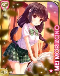 Rule 34 | 1girl, :o, black hair, card (medium), day, garbage, girlfriend (kari), green skirt, hair ornament, low twintails, morizono mei, official art, open mouth, orange eyes, outdoors, plaid, plaid skirt, pleated skirt, qp:flapper, school uniform, shoes, skirt, socks, solo, standing, sunset, tagme, twintails