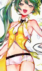 Rule 34 | armpits, bare shoulders, commentary, cowboy shot, green eyes, green hair, hatsune miku, headset, highres, kashu!, long hair, looking at viewer, midriff, navel, necktie, open mouth, project diva (series), shirt, short necktie, short shorts, shorts, smile, solo, twintails, very long hair, vocaloid, white necktie, white shorts, yellow (vocaloid), yellow shirt
