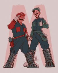 Rule 34 | 2boys, brothers, brown hair, facial hair, full body, gloves, hat, highres, looking at viewer, luigi, mario, multiple boys, mustache, nintendo, open mouth, overalls, siblings, super mario bros. (film), thumbs up