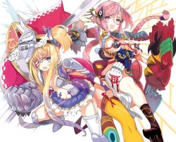 Rule 34 | 2girls, armor, bad id, bad pixiv id, blonde hair, blue eyes, braid, breasts, eyepatch, garter straps, gauntlets, hair ornament, izuru (timbermetal), large breasts, long hair, multiple girls, open mouth, original, pink eyes, pink hair, revealing clothes, shield, side ponytail, small breasts, smile, sword, thighhighs, twin braids, weapon