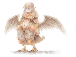 Rule 34 | 1girl, animal ears, armor, arms at sides, bikini armor, bird ears, bird legs, blue eyes, closed mouth, commentary request, diadem, feathered wings, full body, garter straps, grey hair, grey wings, hair between eyes, harpy, long hair, looking afar, lunaraven, monster girl, navel, pauldrons, pointy ears, ragnarok online, royal guard (ragnarok online), shoulder armor, simple background, solo, standing, white background, wings