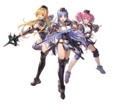 Rule 34 | 3girls, armor, blonde hair, blue eyes, blue hair, breasts, brown eyes, capelet, clenched hand, fighting stance, fingerless gloves, full body, gauntlets, gloves, granblue fantasy, hair intakes, hat, holding, holding weapon, knee pads, leg up, long hair, looking at viewer, medium breasts, mena (shingeki no bahamut), mina (shingeki no bahamut), minaba hideo, mona (shingeki no bahamut), multiple girls, official art, one eye closed, open mouth, pelvic curtain, shingeki no bahamut, smile, staff, thighhighs, transparent background, twintails, underwear, vambraces, weapon