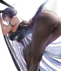 Rule 34 | 1girl, ahoge, animal ears, armband, ass, azur lane, black leotard, blue eyes, blue hair, blush, breasts, fake animal ears, grin, hair intakes, highres, large breasts, leotard, liaowen, long hair, looking at viewer, new jersey (azur lane), new jersey (exhilarating steps!) (azur lane), official alternate costume, pantyhose, playboy bunny, pole, simple background, smile, solo, stripper pole, very long hair, white background