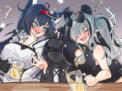Rule 34 | 1other, 2girls, ahoge, animal ears, arknights, beer mug, blaze (arknights), blue hair, breasts, cat ears, china dress, chinese clothes, cup, doctor (arknights), dress, drunk, eyewear on head, fang, feater (arknights), fingerless gloves, gloves, grey hair, hairband, highres, hood, hooded coat, kurarome, large breasts, long hair, mug, multiple girls, musical note, nervous sweating, panda ears, squeans, sunglasses, sweat, twintails
