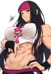Rule 34 | 1girl, abs, airisubaka, bare shoulders, black gloves, black hair, blush, breasts, duplicate, fingerless gloves, gloves, han juri, highres, large breasts, long hair, looking at viewer, multicolored hair, muscular, muscular female, navel, navel insertion, pink hair, purple eyes, signature, simple background, smile, solo, street fighter, street fighter v, upper body, white background