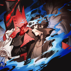 Rule 34 | 1boy, absurdres, amamiya ren, arsene (persona 5), ascot, black eyes, black hair, black headwear, black jacket, blue fire, buttons, commentary, fire, gloves, grey shirt, grin, hat, high contrast, highres, holding, holding mask, jacket, long sleeves, looking to the side, mask, messy hair, open clothes, open jacket, persona, persona 5, persona 5 the royal, profile, red gloves, red jacket, shirt, short hair, smile, top hat, tsubsa syaoin, turtleneck, upper body, white ascot, white mask