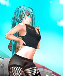 Rule 34 | 1girl, aruman, bad id, bad pixiv id, bag, bare shoulders, black pantyhose, black shirt, blue eyes, blue hair, blue sky, breasts, cleft of venus, cloud, colored eyelashes, covered erect nipples, crop top, day, female focus, female pubic hair, fishnet pantyhose, fishnets, hand on own hip, hand up, hatsune miku, highres, long hair, looking to the side, matching hair/eyes, medium breasts, midriff, nail polish, navel, outdoors, pantyhose, pubic hair, pussy, see-through, shirt, sky, sleeveless, sleeveless shirt, smile, solo, standing, twintails, uncensored, vocaloid