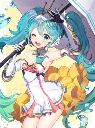 Rule 34 | 1girl, aqua eyes, aqua hair, bad id, bad pixiv id, bare shoulders, dress, elbow gloves, gloves, hair ornament, hatsune miku, holding, holding umbrella, lerome, long hair, looking at viewer, necktie, one eye closed, open mouth, racing miku, racing miku (2015), twintails, umbrella, very long hair, vocaloid, white gloves