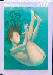 Rule 34 | 1girl, 2013, ass, barefoot, breasts, brown hair, bubble, completely nude, feet, full body, futuregraph, highres, long hair, murata range, nipples, nude, scan, sinking, small breasts, solo, underwater, water