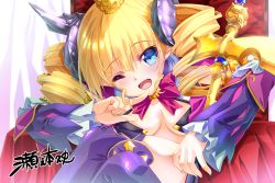 Rule 34 | 1girl, artist request, bikini, bikini top only, black bikini, blonde hair, blue eyes, bow, bowtie, breasts, chair, commentary request, crown, curly hair, detached sleeves, eyebrows, finger to mouth, gold, hand to own mouth, horns, koihime musou, leaning forward, long hair, moutoku sousou, official art, one eye closed, open mouth, purple sleeves, purple thighhighs, red bow, red bowtie, scythe, signature, sitting, smile, solo, sousou (koihime musou), suzukuri karin-chan, swimsuit, thighhighs, thighs, throne, twintails, weapon