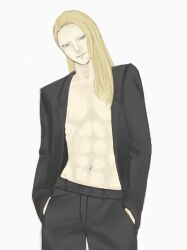 Rule 34 | 1boy, abs, bare pectorals, black jacket, black pants, blonde hair, blue eyes, cowboy shot, fate/grand order, fate (series), hands in pockets, highres, jacket, long hair, male focus, navel, open clothes, open jacket, pants, pectorals, sasami-telepath, simple background, smile, solo, tezcatlipoca (fate), white background
