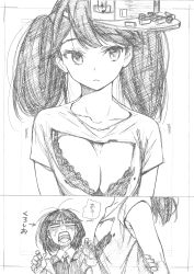 Rule 34 | 2girls, absurdres, alternate costume, arm behind back, armpit peek, arrow (symbol), bra, breasts, character request, cleavage, closed mouth, collarbone, comic, greyscale, hand on own arm, highres, kantai collection, kojima takeshi, long hair, looking at viewer, monochrome, multiple girls, neck ribbon, ribbon, ryuujou (kancolle), shirt, short hair, short sleeves, sideways hat, speech bubble, surprised, sweat, swept bangs, traditional media, translation request, turn pale, twintails, underwear, upper body, v-shaped eyebrows, vest, visor cap, wing collar