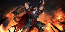 Rule 34 | 1boy, armor, axe, black hair, breastplate, cape, darius (league of legends), destruction, fighting stance, fire, green eyes, highres, league of legends, leg armor, legends of runeterra, loincloth, looking down, male focus, manly, mature male, muscular, muscular male, night, night sky, official art, outdoors, sixmorevodka, sky, solo, spiked armor, spiked hair, spikes, teeth, thick arms, torn clothes, weapon