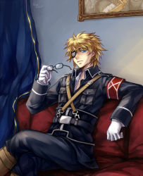 Rule 34 | 1boy, armband, belt, blonde hair, blue eyes, boots, couch, eyepatch, glasses, gloves, izac (unlight), crossed legs, looking at viewer, male focus, military, military uniform, nezumipl, open uniform, painting (object), red upholstery, short hair, sitting, smile, uniform, unlight, white gloves