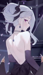 Rule 34 | 1girl, absurdres, backless dress, backless outfit, bare back, bare shoulders, black dress, black gloves, blue archive, blush, closed mouth, commentary, cowboy shot, demon horns, demon wings, dress, drop earrings, earrings, elbow gloves, from behind, gloves, grey hair, hair bun, highres, hina (blue archive), hina (dress) (blue archive), horns, indoors, instrument, jewelry, long hair, looking at viewer, looking back, necklace, pearl necklace, piano, profile, purple eyes, sideways glance, single hair bun, solo, strapless, strapless dress, toki (1243309499), wings