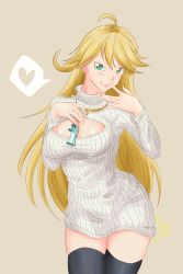 Rule 34 | 10s, 1girl, ahoge, between breasts, black thighhighs, blonde hair, blue eyes, blush, breasts, cleavage, cleavage cutout, clothing cutout, contrapposto, dress, gartastic, gun, handgun, heart, jewelry, large breasts, long hair, looking at viewer, meme attire, necklace, open-chest sweater, panty &amp; stocking with garterbelt, panty (psg), pistol, ribbed sweater, short dress, simple background, solo, spoken heart, standing, sweater, sweater dress, thighhighs, turtleneck, very long hair, weapon