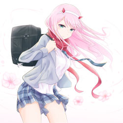 Rule 34 | 10s, 1girl, bag, blue skirt, cowboy shot, darling in the franxx, floating hair, green eyes, grey jacket, hair between eyes, hairband, horns, jacket, leaning forward, long hair, looking at viewer, miniskirt, open clothes, open jacket, pink hair, pleated skirt, red scarf, scarf, school bag, school uniform, shirt, skirt, solo, very long hair, white background, white hairband, white shirt, yj (yujay2837), zero two (darling in the franxx)