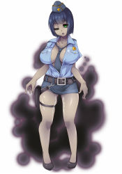 Rule 34 | 1girl, belt, between breasts, blue hair, breasts, brll, dark-skinned female, dark skin, empty eyes, full body, green eyes, hat, huge breasts, large breasts, looking at viewer, miniskirt, monster girl, necktie, necktie between breasts, open clothes, open mouth, open shirt, police, police uniform, policewoman, pussy juice, shirt, short hair, simple background, skirt, solo, standing, star (symbol), tachi-e, thigh strap, tokyo tenma, uniform, zombie