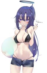 Rule 34 | 1girl, absurdres, alternate hairstyle, ball, beachball, bikini, black bikini, blue archive, blush, breasts, cleavage, commentary request, denim, denim shorts, hair between eyes, halo, harenchi, highres, holding, holding ball, large breasts, long hair, looking at viewer, parted lips, ponytail, purple eyes, purple hair, short shorts, shorts, sidelocks, simple background, skindentation, solo, sweat, swimsuit, translation request, very long hair, white background, yuuka (blue archive)