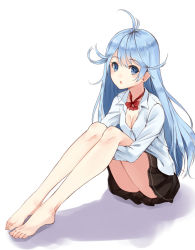 Rule 34 | 10s, 1girl, :o, bare shoulders, barefoot, blue eyes, blue hair, bow, breasts, cleavage, denpa onna to seishun otoko, feet, full body, hugging own legs, long hair, looking at viewer, matching hair/eyes, parsley-f, simple background, sitting, skirt, small breasts, solo, toes, touwa erio