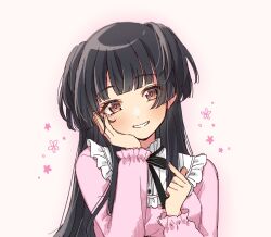 Rule 34 | 1girl, absurdres, black hair, black ribbon, blunt bangs, blush, breasts, commentary request, finger heart, frilled sleeves, frills, hand on own cheek, hand on own face, head rest, head tilt, highres, idolmaster, idolmaster shiny colors, long hair, long sleeves, looking at viewer, mayuzumi fuyuko, medium breasts, neck ribbon, pink shirt, rad0ng0s, ribbon, shirt, simple background, smile, solo, two side up, upper body, very long hair