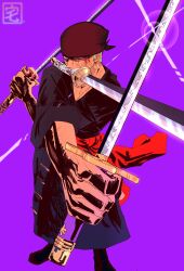 Rule 34 | 1boy, bandana, black bandana, blood, blood on face, earrings, green hair, highres, holding, japanese clothes, jewelry, looking at viewer, male focus, one piece, purple background, roronoa zoro, scar, scar across eye, scar on chest, short hair, signature, solo, straw hat pirates, sword, taku (aywakutakuay), triple wielding, weapon